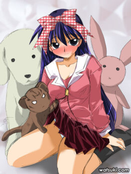 Rule 34 | azumanga daiou, blush, cat, clothes lift, dog, kneeling, maya (azumanga), mayaa (azumanga daioh), panties, pantyshot, sakaki (azumanga daioh), school uniform, serafuku, skirt, skirt lift, solo, tadakichi-san, underwear, unmoving pattern, watsuki ayamo, yamamaya