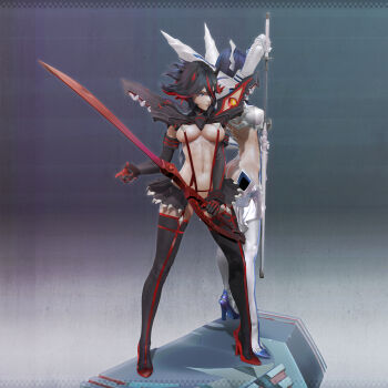 2girls 3d absurdres armor armpits ass black_hair blue_eyes boots breasts cameltoe cleavage covered_erect_nipples high_heel_boots high_heels highres katana kill_la_kill kiryuuin_satsuki large_breasts leslyzerosix long_hair looking_at_viewer matoi_ryuuko multiple_girls pauldrons red_hair sheath shoulder_armor sword thigh_boots thighhighs unsheathing weapon