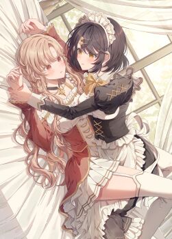 2girls between_legs black_dress black_hair blonde_hair blush brown_eyes commentary_request curtains dress dutch_angle eye_contact garter_straps hair_ornament highres holding_another's_wrist long_hair looking_at_another maid maid_headdress meido_ni_chikaramake_suru_nante_shikatanain_desuka? multiple_girls on_bed parted_lips pink_eyes red_dress rococomm123 short_hair sweat tassel thighhighs white_thighhighs window yuri