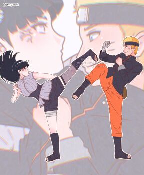 1boy 1girl black_hair black_jacket black_shorts blonde_hair blue_eyes breasts byakugan commentary english_commentary facial_mark fighting forehead_protector from_side full_body highres hyuuga_hinata jacket jengxart kicking large_breasts long_hair naruto:_the_last naruto_(series) orange_pants pants profile purple_jacket short_hair shorts sleeveless sleeveless_jacket standing standing_on_one_leg uzumaki_naruto whisker_markings white_eyes zoom_layer