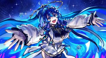 Rule 34 | 1girl, :d, absurdres, blue eyes, blue hair, breasts, crescent, crescent moon, dress, halo, hands up, highres, indie virtual youtuber, large breasts, long hair, long sleeves, looking at viewer, minster (dooke), moon, nana asteria, open mouth, prism project, sky, sleeves past wrists, smile, solo, star (sky), star (symbol), starry background, starry sky, tagme, virtual youtuber