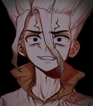 Rule 34 | 1boy, black background, black eyes, commentary request, cracked skin, dr. stone, e=mc2 (equation), eerika1114, facial mark, gradient hair, grey hair, grin, hair between eyes, highres, ishigami senkuu, looking at viewer, male focus, multicolored hair, nervous, nervous smile, portrait, scared, shaded face, simple background, smile, solo, teeth, white hair