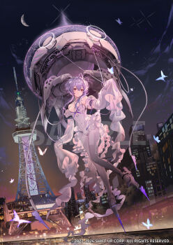 Rule 34 | 1girl, breasts, bug, butterfly, cityscape, commentary request, copyright notice, dress, frown, full body, goddess of victory: nikke, grey pantyhose, highres, hitokoto, insect, liberalio (nikke), long hair, looking to the side, medium breasts, moon, official art, outdoors, pantyhose, purple hair, red eyes, sleeves past fingers, sleeves past wrists, solo, tagme, tokyo tower, white dress