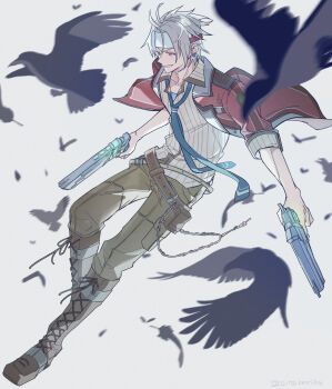 Rule 34 | 1boy, azitsukeniku, bandana, bird, blue necktie, crow, crow armbrust, dual wielding, eiyuu densetsu, green pants, grey hair, grin, gun, hair between eyes, handgun, highres, holding, holding gun, holding weapon, jacket, male focus, necktie, open clothes, open jacket, pants, red eyes, red jacket, sen no kiseki (series), sen no kiseki i, shirt, short hair, sleeves rolled up, smile, solo, striped clothes, striped shirt, thors military academy class vii uniform, weapon, white bandana, white shirt