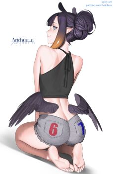 1girl 67_(meme) alternate_costume alternate_hairstyle arichuu_u ass barefoot black_shirt black_wings blunt_bangs butt_crack center-flap_bangs closed_mouth commentary cropped_shirt english_commentary feathered_wings feet from_behind full_body gradient_hair grey_eyes grey_shorts hair_bun halter_shirt halterneck highres hololive hololive_english low_wings meme multicolored_hair ninomae_ina'nis orange_hair pointy_ears purple_hair shirt short_shorts shorts sidelocks single_hair_bun sitting sleeveless sleeveless_shirt smile soles solo tentacle_hair toes virtual_youtuber wings