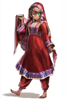 1girl afghan_clothes afghanistan braid clothing_request commentary_request dark_skin dress embroidered_dress full_body green_eyes jewelry kws long_hair looking_at_viewer multicolored_dress original red_dress simple_background smile solo very_long_hair