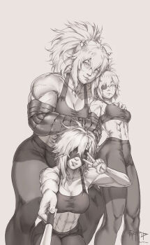 3girls blindfold breasts cigarette eyepatch hair_between_eyes highres horns kuon_(kwonchanji) large_breasts leaning_on_person mechanical_arms multiple_girls pants prosthesis prosthetic_arm ruby_rose rwby scar selfie selfie_stick smile sports_bra tight_clothes tight_pants v weiss_schnee yang_xiao_long