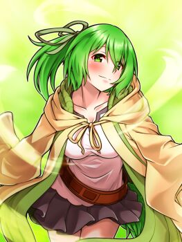 1girl black_skirt blush brown_cloak cloak closed_mouth cowboy_shot duel_monster green_eyes green_hair high_ponytail highres long_hair p-b-c_(dark_matter_kakine) ponytail shirt simple_background skirt smile solo white_shirt wind wynn_(yu-gi-oh!) wynn_the_wind_charmer yu-gi-oh!