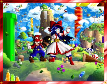 1boy 1girl absurdres animal_ears blue_eyes breasts brown_hair clenched_hand crossover facial_hair fighting_stance fingerless_gloves fire_flower gloves goomba highres industrial_pipe koopa_troopa legs long_hair mario mario_(series) medium_breasts mushroom mustache nakoruru nintendo outstretched_arm overalls pants purple_hair raccoon_ears raccoon_tail samurai_spirits serious snk tail the_king_of_fighters thighs very_long_hair