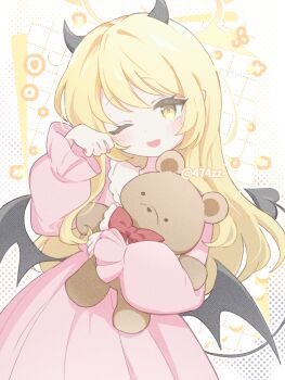 1girl anzen_robo_(474zz) black_horns black_wings blonde_hair blue_archive commentary demon_horns demon_tail demon_wings dress halo horns ibuki_(blue_archive) long_hair long_sleeves one_eye_closed open_mouth solo stuffed_animal stuffed_toy tail teddy_bear wings yellow_eyes yellow_halo