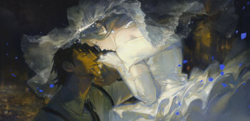 1boy 1girl absurdres arm_up bare_shoulders black_hair black_necktie blue_hair bridal_veil closed_eyes collared_shirt couple creamyghost dark-skinned_male dark_skin dress elbow_gloves face-to-face facial_hair fingernails frown ghost gloves glowing grey_hair hand_on_another&#039;s_hand hetero highres imminent_kiss jewelry kaburagi_t._kotetsu kaburagi_tomoe light_smile long_hair long_sleeves necklace necktie off-shoulder_dress off_shoulder ornate_ring pale_skin pearl_necklace petals ring shirt short_hair statue stubble suspenders tears tiger_&amp;_bunny veil wedding wedding_dress wedding_ring white_dress white_gloves wind