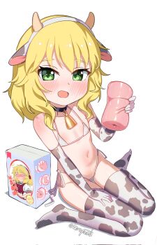1girl artificial_vagina bad_id bad_twitter_id bikini blonde_hair censored censored_identity green_eyes highres holding idolmaster idolmaster_cinderella_girls inactive_account leropasta loli looking_at_viewer micro_bikini navel open_mouth sakurai_momoka sex_toy side-tie_bikini_bottom solo stomach swimsuit white_bikini