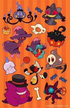 10s banette black_eyes bone candy chandelure colored_sclera corsolanite cubone cupcake duskull fire food gen_1_pokemon gen_2_pokemon gen_3_pokemon gen_4_pokemon gen_5_pokemon gen_6_pokemon gengar ghost halloween halloween_bucket hat holding litwick lollipop misdreavus mismagius nintendo pokemon pokemon_(creature) pumpkaboo purple_fire red_eyes red_sclera sableye skull tumblr_username yamask yellow_sclera