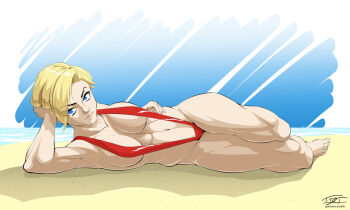 1girl adventures_of_sonic_the_hedgehog arm_support armpits barefoot beach blonde_hair blue_eyes breasts cleavage cloud day eric_toner eyebrows female_focus head_rest large_breasts looking_at_viewer lying madonna_garnet navel ocean on_side photoshop_(medium) short_hair sky slingshot_swimsuit solo sonic_(series) sonic_the_hedgehog_(archie_comics) strap_gap swimsuit thick_thighs thighs toes toned toned_female water