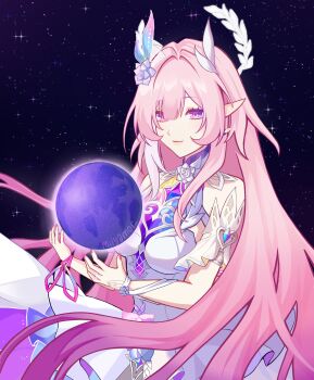 1girl absurdres artist_name breasts commentary cyrene_(honkai:_star_rail) cyrene_(ripples_of_past_reverie)_(honkai:_star_rail) diamond-shaped_pupils diamond_(shape) dress flower hair_flower hair_ornament halo highres honkai:_star_rail honkai_(series) large_breasts long_hair miiyaou multicolored_hair pink_hair planet pointy_ears purple_eyes sky solo star_(sky) starry_sky symbol-shaped_pupils two-tone_hair very_long_hair white_dress white_hair