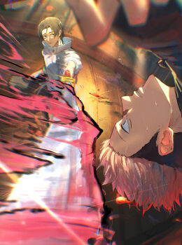 2boys absurdres black_hair closed_mouth commentary_request fighting floating highres holding holding_sword holding_weapon itadori_yuuji jacket jujutsu_kaisen kouchanthree looking_at_another male_focus multicolored_hair multiple_boys okkotsu_yuuta pink_hair scar scar_on_face scar_on_nose short_hair sideburns sword two-tone_hair undercut weapon white_jacket