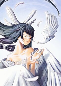 1girl absurdres angel_wings animal artist_name bare_shoulders bird black_hair blunt_bangs clip_studio_paint_(medium) closed_eyes collarbone columbina_(genshin_impact) dove expressionless falling_feathers faux_traditional_media feathered_wings feathers floating_hair genshin_impact hair_tubes hands_up head_wings highres long_hair long_sidelocks low-tied_sidelocks multiple_wings neck nifast_(greentail) off_shoulder parted_lips sidelocks solo straight_hair u_u upper_body very_long_hair white_bird white_feathers white_wings wings x-shaped_eyewear