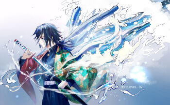 1boy absurdres artist_name belt black_hair black_jacket black_pants blue_eyes buttons closed_mouth commentary_request demon_slayer_uniform empty_eyes gold_buttons haori high_collar highres holding holding_sword holding_weapon jacket japanese_clothes katana kikkoumon kimetsu_no_yaiba level02 long_hair low_ponytail male_focus pants ponytail print_haori profile red_haori solo spiked_hair standing sword tomioka_giyuu water weapon white_belt