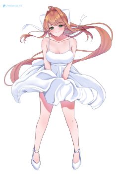 1girl absurdres alternate_costume bars blush bow breasts brown_hair cleavage closed_mouth collarbone commentary_request cosplay doki_doki_literature_club dress dress_tug floating_hair full_body green_eyes hair_bow hair_intakes highres large_bow large_breasts long_hair looking_at_viewer marilyn_monroe marilyn_monroe_(cosplay) mi_tarou0412 monika_(doki_doki_literature_club) ponytail sidelocks simple_background sleeveless sleeveless_dress smile solo standing strappy_heels swept_bangs very_long_hair white_background white_bow white_dress white_footwear wind wind_lift