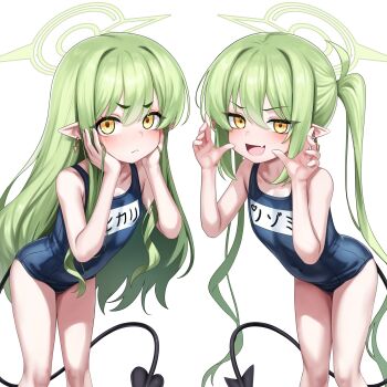 2girls :d bare_arms bare_shoulders blondy_(ldlong) blue_archive blush breasts cowboy_shot demon_girl demon_tail green_hair halo hands_on_own_face hat highres hikari_(blue_archive) loli long_hair looking_at_viewer making_faces multiple_girls nozomi_(blue_archive) old_school_swimsuit one-piece_swimsuit open_mouth pointy_ears school_swimsuit siblings sisters small_breasts smile standing swimsuit tail twins twintails very_long_hair white_background yellow_eyes