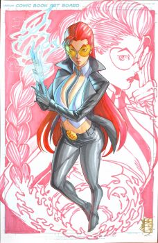 1girl acecore2k belt_buckle between_breasts black_gloves black_jacket black_necktie black_pants border braid breasts buckle commentary crimson_viper earrings english_commentary full_body gloves hair_slicked_back highres jacket jewelry looking_at_viewer marker_(medium) mixed_media navel necktie necktie_between_breasts pants pen_(medium) red_hair signature solo street_fighter street_fighter_iv_(series) tinted_eyewear traditional_media vest white_border white_vest yellow-tinted_eyewear