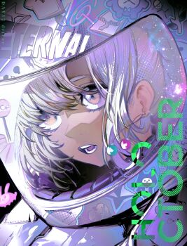 1girl absurdres earrings helmet highres hololive hololive_english jacket jewelry motorcycle_helmet open_mouth portrait pungson_mori reflection road_sign sidelocks sign solo stop_sign teeth tsukumo_sana virtual_youtuber white_hair white_jacket yellow_eyes