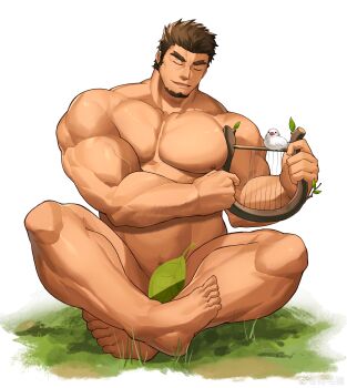 1boy absurdres arm_hair bara barefoot biceps bird_on_intrument brown_hair closed_eyes completely_nude convenient_censoring crossed_ankles facial_hair falling_leaves full_body goatee grass hands_up harp highres instrument large_pectorals leaf leaf_censor long_sideburns male_focus muscular muscular_male music nipples nude original pectorals playing_instrument pubic_hair short_hair sideburns sitting solo sparse_pubic_hair stomach tekkowang thick_eyebrows veins veiny_arms