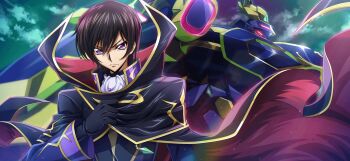 1boy apron black_gloves black_hair cape closed_mouth code_geass code_geass:_fukkatsu_no_lelouch code_geass:_lost_stories f4samurai gekkouei_sui gloves highres jacket knightmare_frame lelouch_vi_britannia looking_at_viewer mecha official_art purple_eyes purple_jacket robot solo white_apron