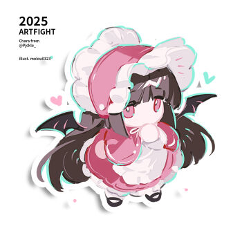 Rule 34 | 1girl, apron, art fight attack, ball hands, bat wings, black shoes, blunt bangs, bonnet, borrowed character, brown hair, chibi, chibi only, commentary, dress, drop shadow, english commentary, frilled dress, frills, full body, gift art, hand up, heart, highres, long hair, long sleeves, moroo, original, outline, pink bonnet, pink dress, pink eyes, shoes, simple background, solo, standing, twitter username, white apron, white background, white outline, wings