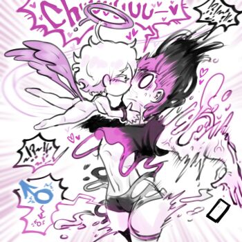 Rule 34 | 1boy, 1girl, angel, angel of kiss (oligogi meoggosipda), angel wings, closed eyes, english text, halo, highres, kiss, oligogi meoggosipda, pink hair, pink halo, transformation, white background, wings