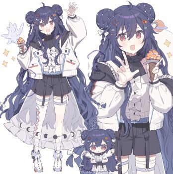 1girl :d ahoge ame_ame bare_shoulders black_shorts blue_hair blush chibi double-parted_bangs double_bun food full_body hair_between_eyes hair_bun hair_ornament highres holding holding_food holding_ice_cream ice_cream jacket long_hair long_sleeves looking_at_viewer multiple_views off_shoulder open_clothes open_jacket open_mouth original red_eyes see-through_clothes see-through_skirt shirt shoes shorts simple_background skirt smile sparkle standing star_(symbol) star_hair_ornament thighhighs white_background white_jacket white_shirt white_shoes white_thighhighs