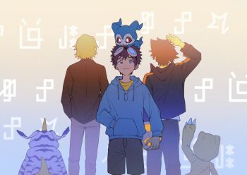 Rule 34 | 3boys, agumon, ball, black jacket, blonde hair, blue hoodie, brown hair, chibimon, cowboy shot, digimoji, digimon, digimon adventure -beyond-, from behind, gabumon, goggles, goggles on head, group picture, holding, holding ball, hood, hoodie, ishida yamato, jacket, male focus, motomiya daisuke, multiple boys, shorts, soccer ball, standing, yagami taichi, yuu (pixiv3042074)