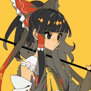 1girl ascot bow commentary_request detached_sleeves frilled_bow frilled_hair_tubes frills gohei hair_bow hair_tubes hakurei_reimu highres holding holding_gohei looking_to_the_side mgnin0 nontraditional_miko red_bow ribbon_trim shirt solo touhou undershirt upper_body white_shirt yellow_ascot yellow_background