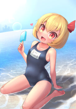1girl :d absurdres alternate_costume barefoot beach black_one-piece_swimsuit blonde_hair blue_sky blush bow breasts clear_sky commentary_request covered_navel day fang food full_body hair_bow harunoha heart highres holding holding_food holding_popsicle in-universe_location looking_at_viewer misty_lake one-piece_swimsuit open_mouth orange_eyes outdoors popsicle red_bow rumia scarlet_devil_mansion seiza short_hair sitting skin_fang sky small_breasts smile solo sun swimsuit touhou water waves
