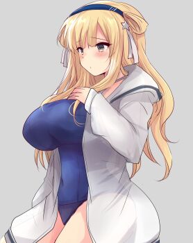 1girl absurdres alternate_costume alternate_eye_color blonde_hair blue_one-piece_swimsuit blush breasts collarbone commentary_request covered_navel double_bun fletcher_(kancolle) grey_background hair_bun hair_ornament hairband hand_on_own_chest highres hirune_(konekonelkk) hood hooded_jacket jacket kantai_collection large_breasts long_hair long_sleeves looking_at_viewer one-piece_swimsuit school_swimsuit sitting solo star_(symbol) star_hair_ornament swimsuit white_jacket yellow_eyes