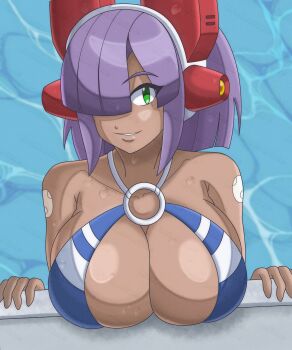 1girl absurdres bikini breasts capcom cleavage green_eyes hair_over_one_eye highres huge_breasts layer_(mega_man) looking_at_viewer mega_man_(series) pool purple_hair smile solo swimsuit wet