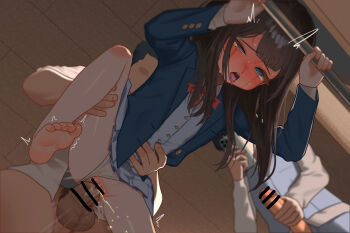 1girl 2boys ahegao ayuda bar_censor barefoot black_hair blazer blue_eyes blue_jacket blunt_bangs blush bow bowtie censored clothed_sex clothing_aside collared_shirt crying hetero jacket loli long_hair long_sleeves male_masturbation masturbation multiple_boys open_mouth original panties panties_aside pee peeing penis rolling_eyes school_uniform sex shirt skirt solo_focus tears testicles tongue tongue_out underwear vaginal white_shirt