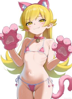 1girl alternate_costume animal_ear_hairband animal_ears animal_hands bell bikini blonde_hair blush blush_stickers breasts cameltoe cat_ears cat_girl closed_mouth collar collarbone commentary cowboy_shot english_commentary fake_animal_ears fang gloves hairband hands_up loli long_hair looking_at_viewer micro_bikini monogatari_(series) neck_bell oshino_shinobu paw_gloves pink_bikini pink_gloves pink_tail pointy_ears shadow side-tie_bikini_bottom simple_background small_breasts smile solo swimsuit thigh_gap very_long_hair vesuva_(hspk8725) white_background yellow_eyes