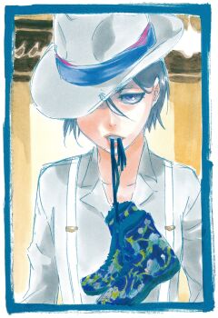 1girl black_hair bleach collarbone female_focus flat_chest hat kubo_tite kuchiki_rukia lips looking_at_viewer medium_hair official_art postcard second-party_source shoelaces shoes simple_background suspenders teeth upper_body