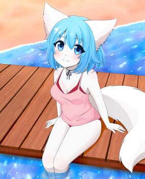 1girl :3 animal_ears bare_arms bare_shoulders beach blue_eyes blue_hair colored_skin commentary dock english_commentary highres indie_virtual_youtuber light_blush liquid one-piece_swimsuit partially_submerged short_hair sitting swimsuit tail thick_eyelashes thighs virtual_youtuber water wolf_ears wolf_girl wolf_tail wolfychu wolfychu_(artist)