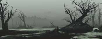 absurdres bare_tree bird cloud cloudy_sky commentary crow english_commentary fog grey_theme highres hill landscape lorenzo_lanfranconi no_humans original painterly plant_roots scenery skull sky tree tree_stump water wetland