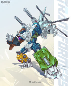 absurdres blast_off_(transformers) brawl_(transformers) bruticus cannon decepticon gattai highres mecha no_humans onslaught_(transformers) open_hands red_eyes robot standing super_robot swindle_(transformers) transformers transformers:_generation_1 vortex_(transformers) weapon zhuyukun