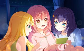 3girls :d black_hair blonde_hair blue_eyes blush cellphone closed_mouth collarbone commentary_request curtains game_cg green_eyes hair_between_eyes hair_ornament hairclip handheld_game_console highres holding hood hoodie indoors kathrina_griebel long_hair looking_at_another lying multiple_girls night official_art ootori_kokona open_mouth pajamas phone pillow pink_hair purple_hair shizuka_(world_dai_star) sky smile star_(sky) star_(symbol) starry_sky third-party_source window world_dai_star