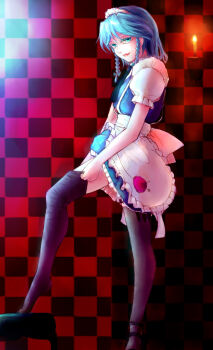 1girl alternate_eye_color apron black_thighhighs bow braid candle closed_mouth commentary_request dressing green_bow green_eyes grey_hair hair_bow izayoi_sakuya konpasu long_hair looking_at_viewer maid maid_headdress puffy_short_sleeves puffy_sleeves short_sleeves smile solo thighhighs touhou twin_braids waist_apron white_apron