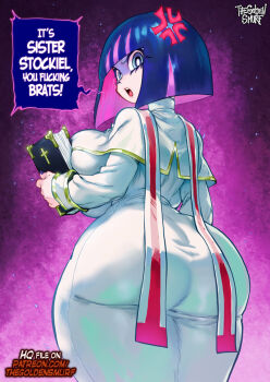 1girl alternate_breast_size_(larger) anger_vein ass bible_(object) blunt_bangs bob_cut breasts colored_inner_hair english_text highres huge_ass huge_breasts looking_at_viewer looking_back multicolored_hair official_alternate_costume official_alternate_hairstyle open_mouth paid_reward_available panty_&amp;_stocking_with_garterbelt pink_hair priestess profanity purple_hair solo speech_bubble stocking_(psg) teeth the_golden_smurf upper_teeth_only