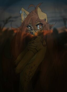 1girl ahoge animal_ears animal_nose apogee_(tinygaypirate) arm_tattoo body_fur breasts brown_eyes brown_hair closed_mouth completely_nude covering_breasts covering_privates crossed_arms dog_ears dog_girl dusk earclip furry furry_female highres long_hair looking_at_viewer nude original reflection small_breasts solo standing tattoo tinygaypirate upper_body very_long_hair