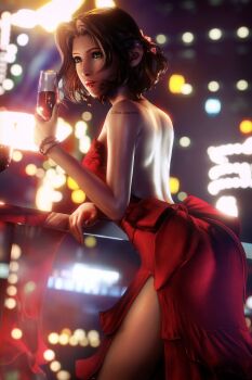 1girl 3d absurdres aerith_gainsborough back_bow backless_dress backless_outfit bare_arms bow bracelet breasts brown_hair dress final_fantasy final_fantasy_vii final_fantasy_vii_remake green_eyes hair_ribbon highres holding_wine_glass jewelry against_railing lipstick long_dress makeup medium_breasts parted_bangs red_dress ria-neearts ribbon short_hair solo square_enix strapless strapless_dress upper_body wall_market