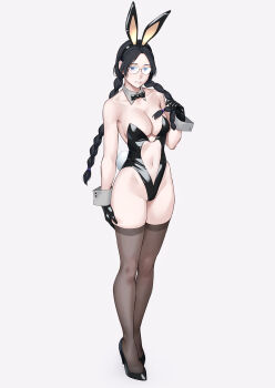 1girl animal_ears bare_shoulders black_gloves black_hair black_leotard braid breasts cleavage clothing_cutout detached_collar expressionless fake_animal_ears full_body gloves highleg highleg_leotard highres large_breasts leotard long_hair looking_at_viewer navel navel_cutout original playboy_bunny rabbit_ears rabbit_tail shiny_clothes simple_background solo strapless strapless_leotard tail twin_braids very_long_hair yuuji_(and)
