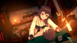 1boy 1girl 3d ? @_@ age_difference animated anna_anon assertive_female asymmetrical_legwear bare_shoulders battery_indicator bed black_choker black_thighhighs blush bottomless bouncing_breasts braid breasts brown_hair candle checkered_clothes choker cleavage cleft_of_venus closed_eyes closed_mouth cowgirl_position cum cum_in_pussy detached_sleeves ejaculation femdom girl_on_top grin held_down hetero highres holding_hands indoors interlocked_fingers kiss koikatsu_(medium) large_breasts looking_at_viewer medium_hair mismatched_legwear myra_(anna_anon) on_bed open_mouth original penis pussy pussy_juice red_eyes red_thighhighs restrained sex smile sound speech_bubble straddling tagme teenage_girl_and_younger_boy teeth thighhighs thighs twin_braids uncensored vaginal video