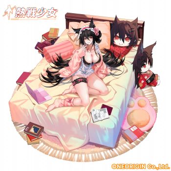 1girl animal_ear_fluff animal_ears bed black_bra black_hair book book_stack bra breasts carpet character_doll cleavage collarbone commentary_request copyright_request doll dress fingernails grey_hair hair_between_eyes highres hirai_yuzuki jacket large_breasts long_fingernails long_hair long_sleeves multicolored_hair nail_polish no_shoes off_shoulder official_art on_bed open_clothes open_jacket pillow pink_jacket puffy_long_sleeves puffy_sleeves red_eyes red_nails sharp_fingernails sleeves_past_wrists socks solo striped_clothes striped_socks translation_request two-tone_hair underwear very_long_hair white_background white_dress